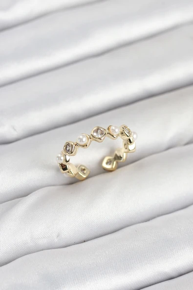 Pirinç Gold Renk Zirkon Taşlı İncili Kadın Yüzük