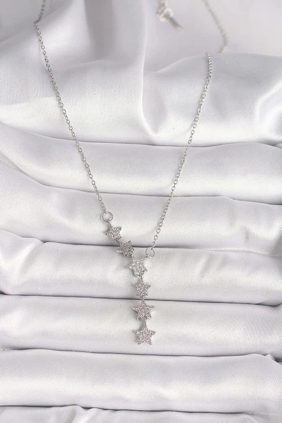 316L Çelik Gümüş Renk Zincir Zirkon Taşlı Yıldız Model Kadın Kolye - Resim 2