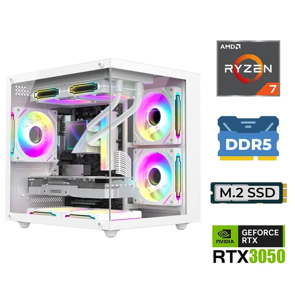 Xaser Elite X20 Ryzen 7 7800X3D 32GB DDR5 Ram 1TB M.2 NVMe SSD RTX3050 Sıvı Soğutmalı Masaüstü Oyuncu Bilgisayarı - 1