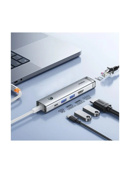 Baseus UltraJoy Series 5-Port HUB AIR - Gümüş (Type-C to HDMI4K@60Hz*1+USB3.0*2+PD*1+RJ45*1) - 4