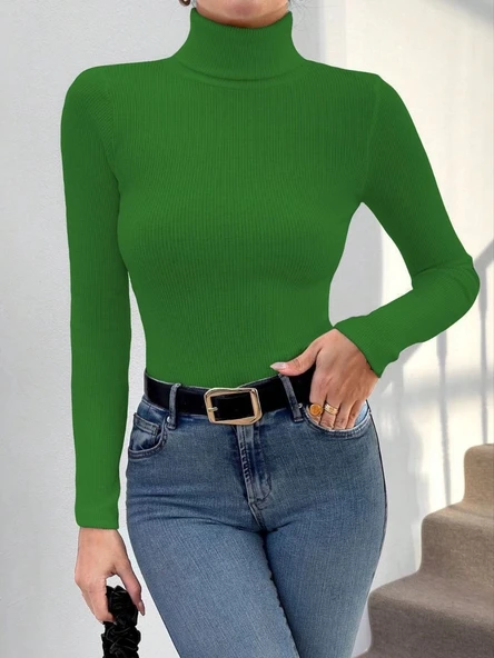 Başıkçı yaka dar kesim kaşkorse kazak yeşil w3103