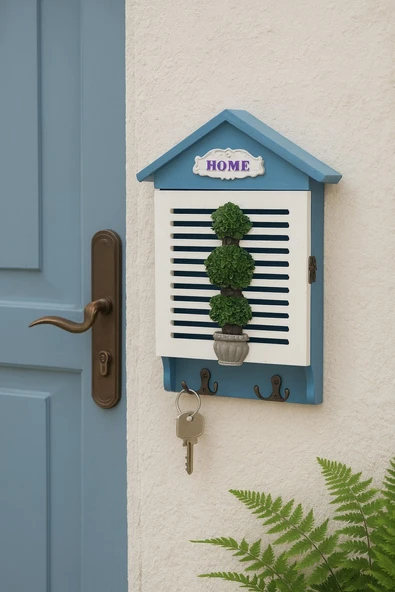 Dekoratif Mavi Ahşap Anahtarlık Kutusu – Duvar Tipi Kapaklı Askılık "Home" Yazılı BR-6634