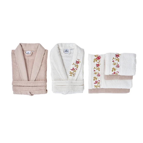 Karaca Home Flora Nakışlı 6 Parça Bornoz/Banyo/Yüz Havlusu Aile Banyo Seti Beyaz-Bej - Resim 3