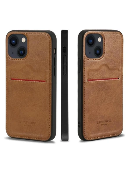 Apple iPhone 15 Plus Kartlıklı Lüx Deri Kılıf Açık Kahve ürün görseli 1