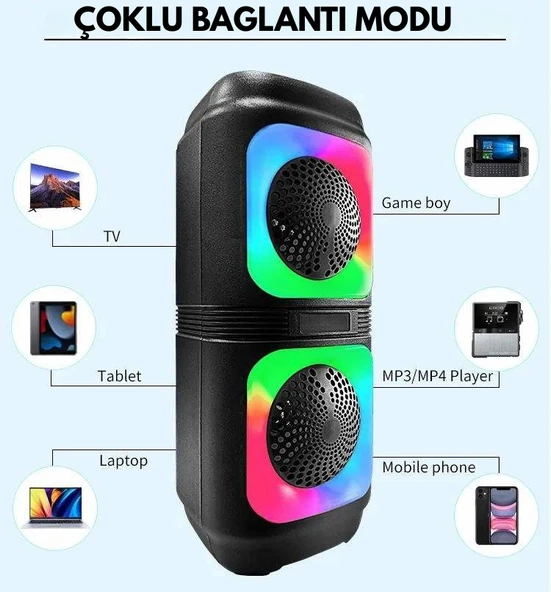 RGB LED Işıklı Bluetooth Hoparlör  1200 mAh Şarjlı, TWS, AUX, USB, TF Kart Girişi - 7