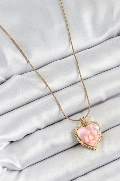 316L Çelik Zincir İnci Detaylı Papatya Figürlü Kalp Model Gold Renk Kadın Kolye - Resim 2