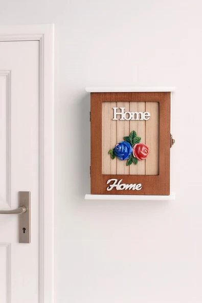Dekoratif Ahşap Kapaklı Anahtarlık Kutusu – Gül Motifli ve "Home" Yazılı Duvar Askılığı BR-6629