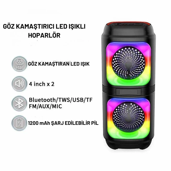 RGB LED Işıklı Bluetooth Hoparlör  1200 mAh Şarjlı, TWS, AUX, USB, TF Kart Girişi - 5