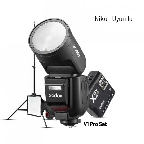 Godox V1 Pro Nikon Flaş Full Set (Flaş, X2 Tetikleyici, 15x20 Softbox, Tripod) - 1
