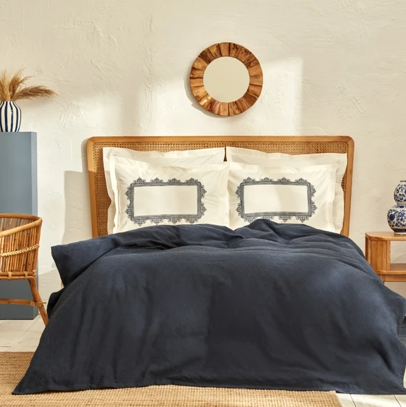Karaca Home Candice %100 Pamuk Çift Kişilik Nakışlı Pike Takımı Mavi - 7
