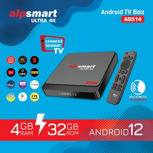 Alpsmart As514 Tv Box 4+32gb Wifi Android 12 Ses Komutlu Akıllı Kumanda