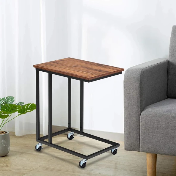 Koltuk Altı Sehpası Tekerli Zigon C Zigon Sehpa Takımı Siyah Metal Ayak Doğal Ahşap - 3