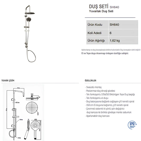 Creavit SH640 Tepe Duş Sistemi ve Liva Banyo Bataryası LV2500 - 5