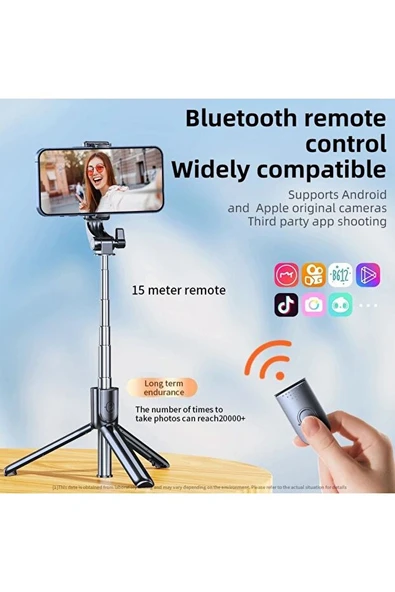 Bluetooth Kumandalı Tripodlu Selfie Çubuğu  100 cm Uzunluk, Katlanabilir ve Taşınabilir - 3