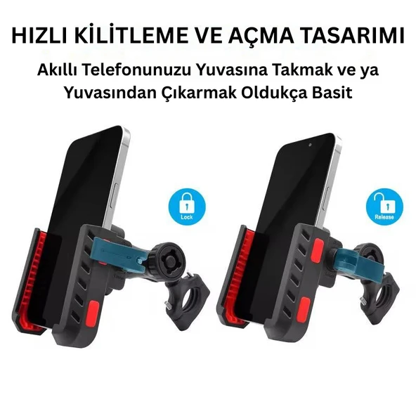 Titreşim Engelleyici Motosiklet Telefon Tutucu  360 C  Döner Başlık, Hızlı Kilit Sistemli - 4