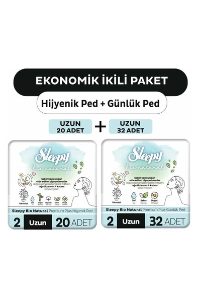 Sleepy Bio Natural Premium Plus Hijyenik Ped Uzun 20'li + Günlük Ped Uzun 32'li ürün görseli 1