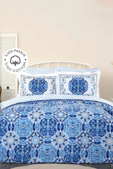 Idella Mavi %100 Pamuk Çift Kişilik Nevresim Takımı - Resim 6