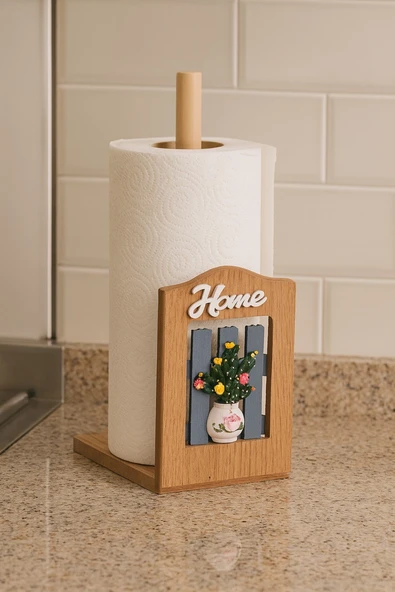 Ahşap Kağıt Havlu Tutucu – Çiçek Vazolu ve “Home” Yazılı Dekoratif Mutfak Aksesuarı BR-6627 - Resim 2