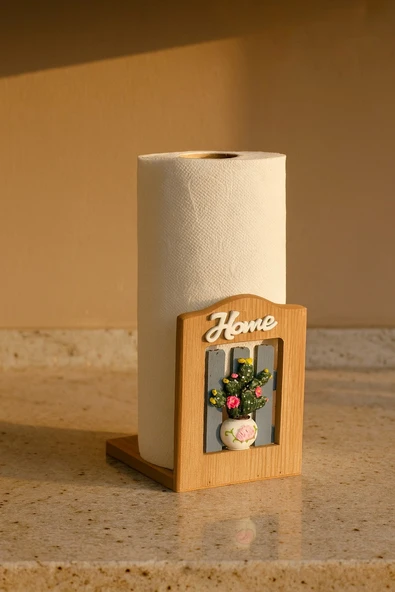 Ahşap Kağıt Havlu Tutucu – Çiçek Vazolu ve “Home” Yazılı Dekoratif Mutfak Aksesuarı BR-6627 ürün görseli