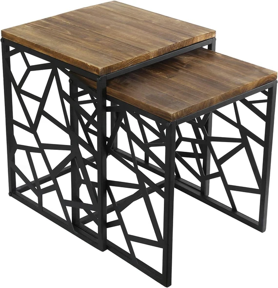 Modern Çok Amaçlı Siyah Metal Ayak 2'lİ Doğal Ahşap Zigon Sehpa - 3