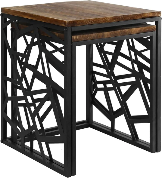 Modern Çok Amaçlı Siyah Metal Ayak 2'lİ Doğal Ahşap Zigon Sehpa - 2