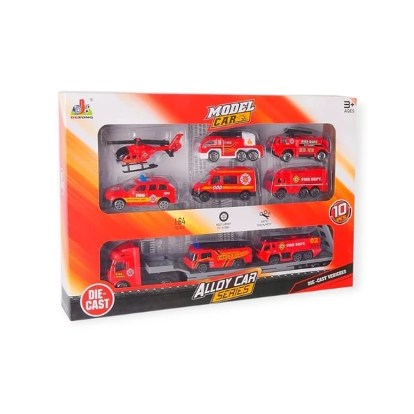 10 Parça Araç Taşıyan Tır Seti - Die Cast - DS047 - İtfaiye - Resim 2