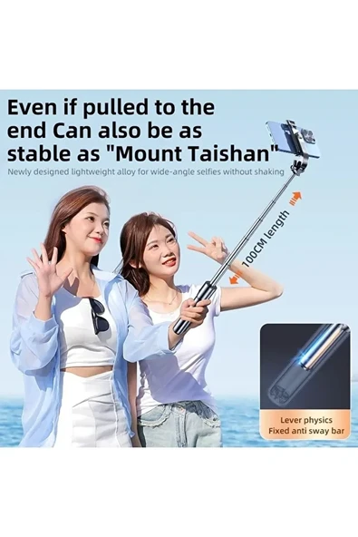 Bluetooth Kumandalı Tripodlu Selfie Çubuğu  100 cm Uzunluk, Katlanabilir ve Taşınabilir - 5