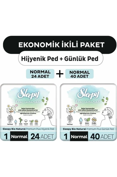 Sleepy Bio Natural Premium Plus Hijyenik Ped Normal 24'lü + Günlük Ped Normal 40'lı ürün görseli 1