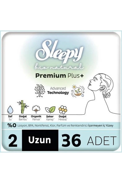 Sleepy Bio Natural Premium Plus Hijyenik Ped Mega Paket Uzun 36 Adet ürün görseli 1