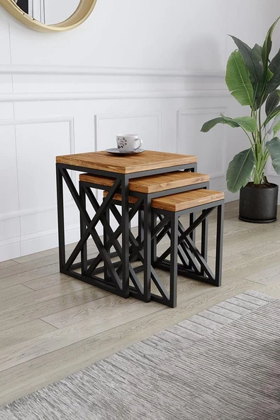 Modern Estetik Çok Amaçlı Siyah Metal Ayak 3'lü Doğal Ahşap Zigon Sehpa - 3