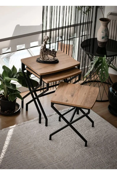 Modern Estetik Minimalist Çok Amaçlı Siyah Metal Ayak 3'lü Doğal Ahşap Zigon Sehpa - 2