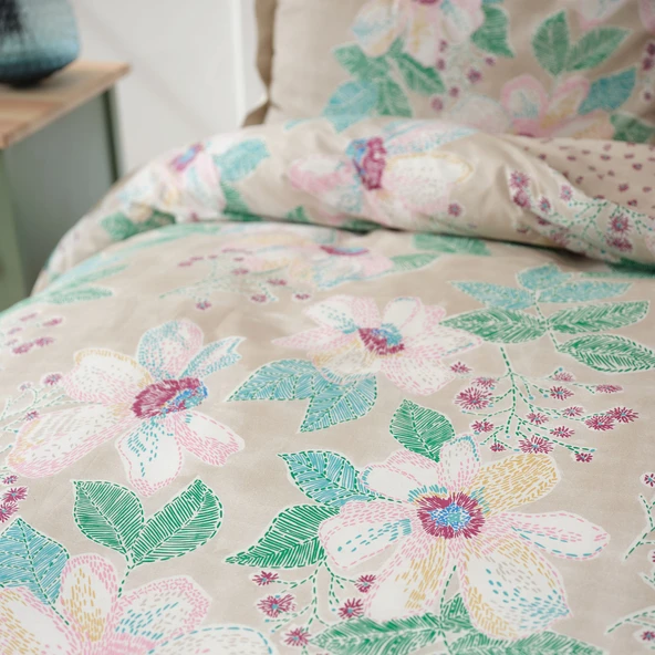 Karaca Home Fiore Bej Çift Kişilik %100 Pamuk Nevresim Takımı Fitted - Resim 3