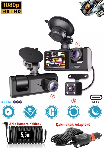 Ventus Mpia CC33 1080P Full Hd Araç içi Kamera Ön Arka ve İç Kayıt 3 Kamera Gece Görüşlü G Sensör Geniş Açı - 1