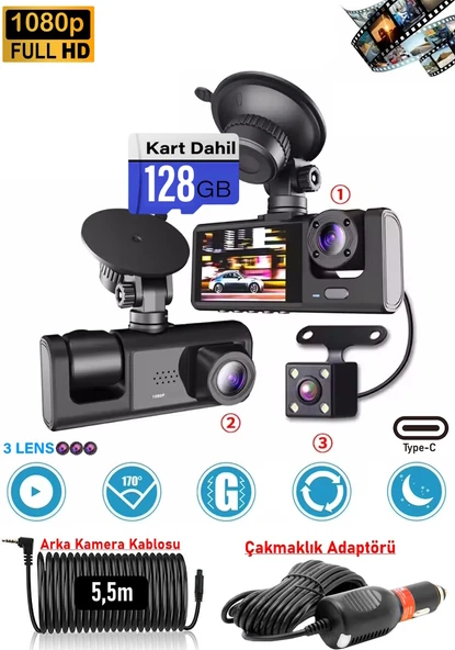 Ventus Mpia CC33 128GB 1080P Full Hd Araç Içi Kamera Ön Arka ve Iç Kayıt 3 Kamera Gece Görüşlü G Sensör Geniş Açı - 1