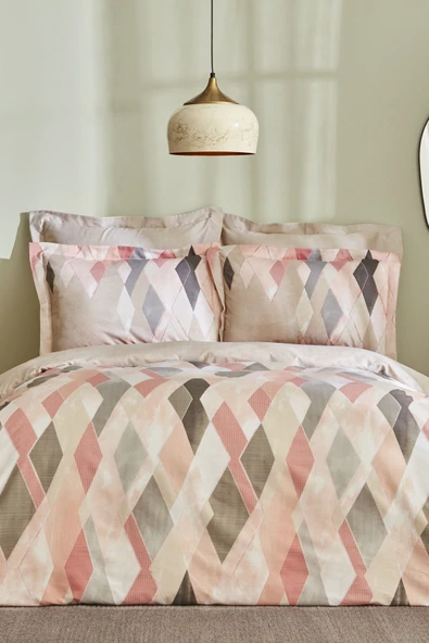 Lauro Çift Kişilik %100 Pamuk Saten Nevresim Takımı Pudra - Resim 9