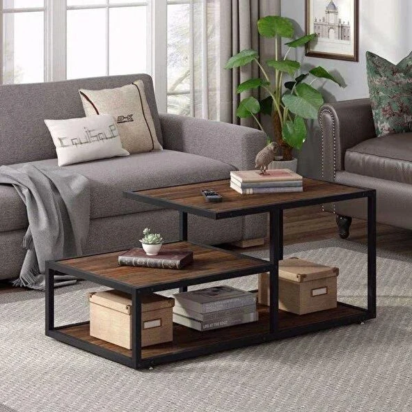 Orta Sehpa 3 Raflı Yan Sehpa Dekoratif Sehpa Metal Siyah Ayaklı Sehpa Doğal Ahşap - 2