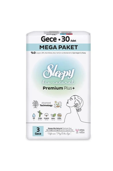 Sleepy Bio Natural Premium Plus Hijyenik Ped Mega Paket Gece 30 Adet - Resim 2