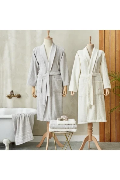 Bornoz Aile Banyo Seti Cecilia Beyaz/Gri - 7