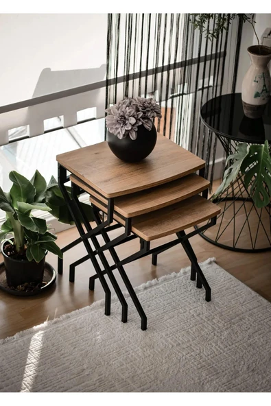 Modern Estetik Minimalist Çok Amaçlı Siyah Metal Ayak 3'lü Doğal Ahşap Zigon Sehpa