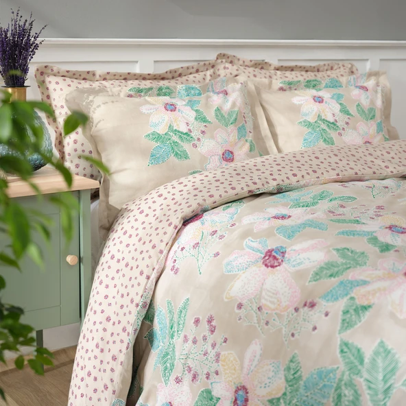 Karaca Home Fiore Bej Çift Kişilik %100 Pamuk Nevresim Takımı Fitted - Resim 4