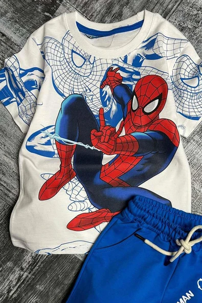 Erkek Çocuk Spiderman Digital ve Yazı Baskılı Kısa Kol Mavi Şortlu Takım - Resim 2
