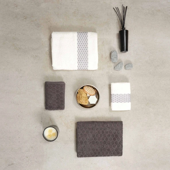 Karaca Home Lossi %100 Pamuk Banyo/Bas Havlusu Hamam Seti Offwhite Gri  - Resim 2