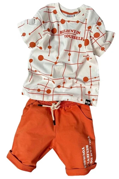 Erkek Çocuk Believe Yazı Baskılı Kısa Kollu Turuncu Şortlu Takım - Resim 2