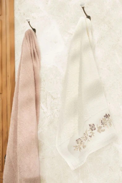 Karaca Home Flora Nakışlı Banyo/Yüz Havlusu Hamam Seti Bej  - Resim 2