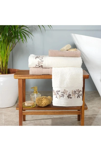 Kırmızı Bej Nakışlı %100 Pamuk Banyo/yüz Havlusu Hamam Seti - Resim 6