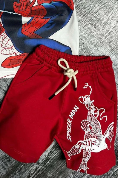 Erkek Çocuk Spiderman Digital ve Yazı Baskılı Kısa Kol Kırmızı Şortlu Takım - Resim 3