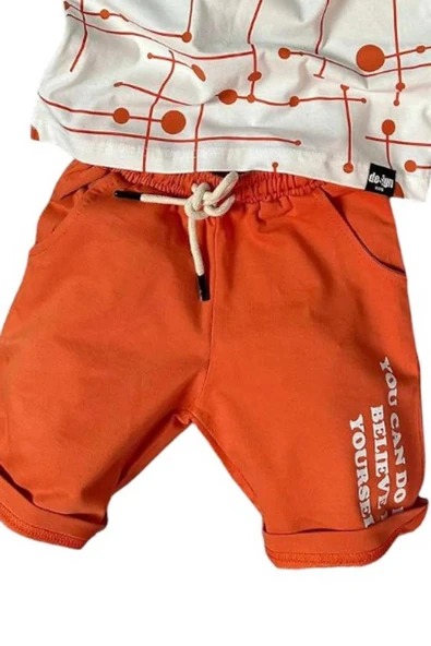 Erkek Çocuk Believe Yazı Baskılı Kısa Kollu Turuncu Şortlu Takım - Resim 4