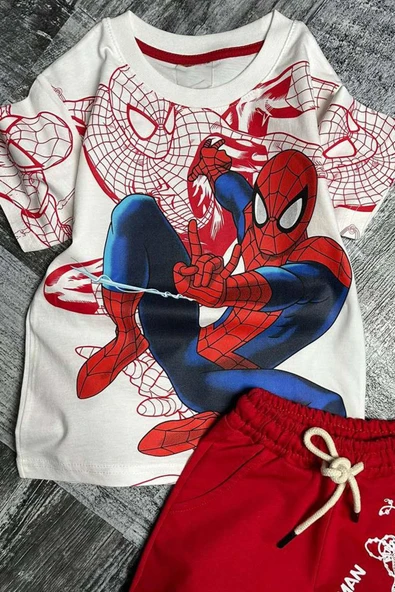 Erkek Çocuk Spiderman Digital ve Yazı Baskılı Kısa Kol Kırmızı Şortlu Takım - Resim 2