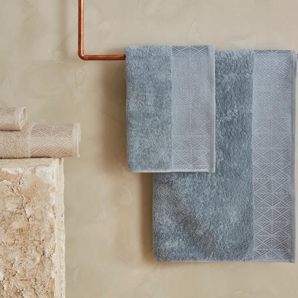 Karaca Home Lucia 4 Parça Banyo/Baş Havlusu Hamam Seti Mavi Bej - Resim 4