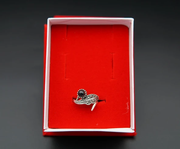 925 Ayar Kadın Gümüş Oltu Taşı Yaprak Yüzük sy00028 - Resim 3